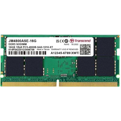 Transcend 16GB JM DDR5 4800 SO-DIMM 1RX8 (1 x 16GB, 4800 MHz, DDR5-RAM, SO-DIMM), RAM, Grün Transcend 16GB JM DDR5 4800 SO-DIMM 1RX8 (1 x 16GB, 4800 MHz, DDR5-RAM, SO-DIMM), RAM, Grün