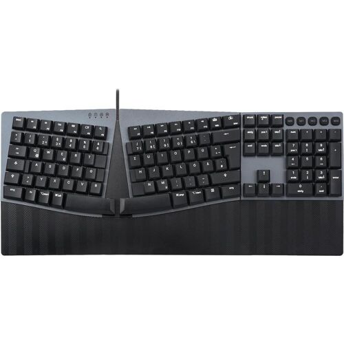 Perixx PERIBOARD-535 DE BL, Kabelgebundene ergonomische mechanische Tastatur - flache blaue Klicksc (DE, Kabelgebunden), Tastatur, Schwarz