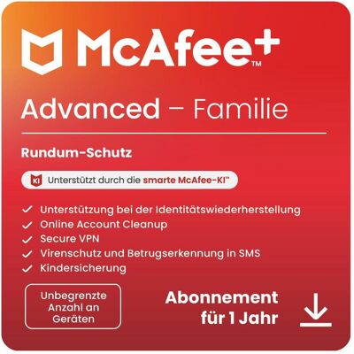McAfee + Advanced - Familie (Unbegrenzte Anzahl von Geräten) für Android & iOS & Mac OS & Windows McAfee + Advanced - Familie (Unbegrenzte Anzahl von Geräten) für Android & iOS & Mac OS & Windows