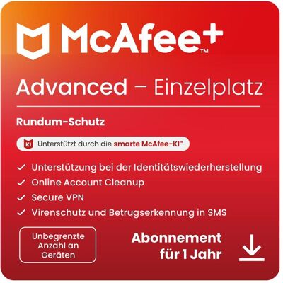 McAfee Plus Advanced - Individueller Download & Produktschlüssel - Antivirus & Privatsphäre McAfee Plus Advanced - Individueller Download & Produktschlüssel - Antivirus & Privatsphäre