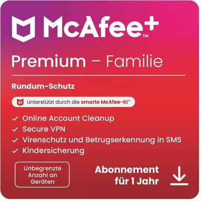 McAfee + Premium Familie (Unbegrenzte Anzahl von Geräten) für Android & iOS & Mac OS & Windows McAfee + Premium Familie (Unbegrenzte Anzahl von Geräten) für Android & iOS & Mac OS & Windows