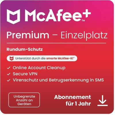 McAfee + Premium Einzelplatz (Unbegrenzte Anzahl von Geräten) für Android & iOS & Mac OS & Windows McAfee + Premium Einzelplatz (Unbegrenzte Anzahl von Geräten) für Android & iOS & Mac OS & Windows