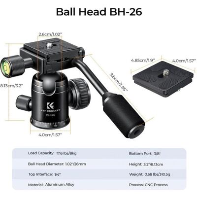 K&F Concept Ball head BH-26 (Kugelkopf), Stativkopf, Schwarz K&F Concept Ball head BH-26 (Kugelkopf), Stativkopf, Schwarz