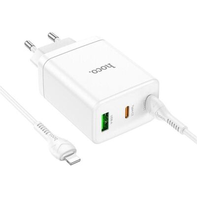 Hoco Adapter charger 2 x Type C + USB A + cable Type C to Lightning PD QC3.0 3A 35W N33 white (35 W, 3 Ports), USB Ladegerät, Weiss Hoco Adapter charger 2 x Type C + USB A + cable Type C to Lightning PD QC3.0 3A 35W N33 white (35 W, 3 Ports), USB Ladegerät, Weiss