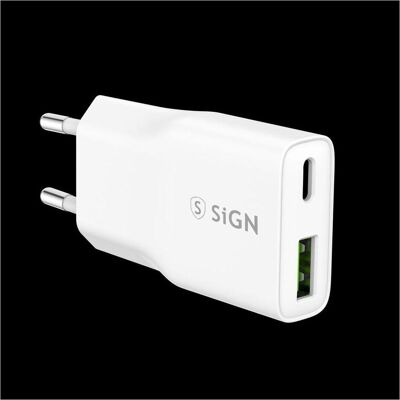 SiGN GaN Fast Charger USB-A & USB-C, PD & QC3.0, 3A, 20W – White (20 W), USB Ladegerät, Weiss SiGN GaN Fast Charger USB-A & USB-C, PD & QC3.0, 3A, 20W – White (20 W), USB Ladegerät, Weiss
