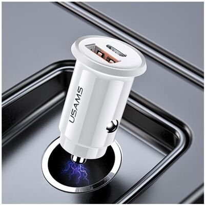 Usams Ład. sam. USB+USB-C C12 30W 5V-3A (only head) QC4.0 Qualcom+PD3.0 5A Fast Charge biały/white C, Auto Adapter, Weiss Usams Ład. sam. USB+USB-C C12 30W 5V-3A (only head) QC4.0 Qualcom+PD3.0 5A Fast Charge biały/white C, Auto Adapter, Weiss