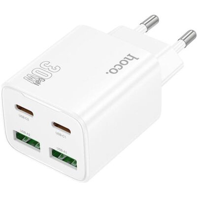 Hoco Adapter charger 2 x Type C + 2 x USB A PD QC3.0 3A 20W N56 white (30 W, 4 Ports), USB Ladegerät, Weiss Hoco Adapter charger 2 x Type C + 2 x USB A PD QC3.0 3A 20W N56 white (30 W, 4 Ports), USB Ladegerät, Weiss