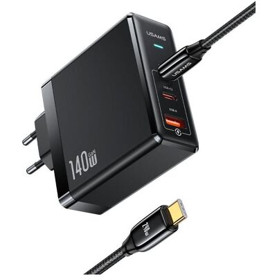 Usams US-UM Fast Charger Kit--UM Series (US-CC168 EU T52 140W ACC GaN Fast Charger+US-SJ581 U82 Type-C To (140 W, 3 Ports), USB Ladegerät, Schwarz Usams US-UM Fast Charger Kit--UM Series (US-CC168 EU T52 140W ACC GaN Fast Charger+US-SJ581 U82 Type-C To (140 W, 3 Ports), USB Ladegerät, Schwarz