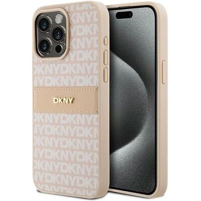DKNY Rosa Lederhülle für iPhone 15 Pro Max - Streifenmuster & Metall-Logo DKNY Rosa Lederhülle für iPhone 15 Pro Max - Streifenmuster & Metall-Logo