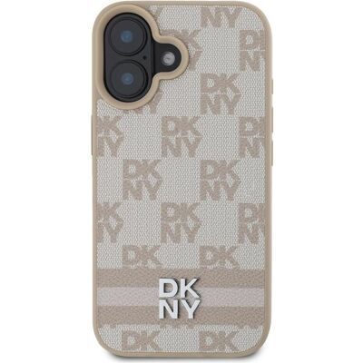 DKNY iPhone 16 Pink Hülle mit Karo- und Streifenmuster DKNY iPhone 16 Pink Hülle mit Karo- und Streifenmuster