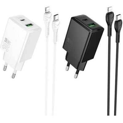 Hoco Adapter Phone charger USB A + USB C QC3.0 PD AFC 3A 30W + cable USB C to USB C N71 white (30 W, 2 Ports), USB Ladegerät, Weiss Hoco Adapter Phone charger USB A + USB C QC3.0 PD AFC 3A 30W + cable USB C to USB C N71 white (30 W, 2 Ports), USB Ladegerät, Weiss