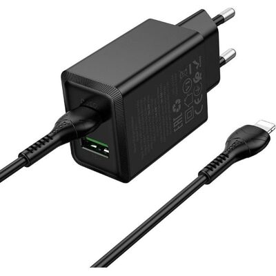 Hoco Adapter Phone charger USB A + USB C QC3.0 PD AFC 3A 30W + cable USB C to USB C N71 black (30 W, 2 Ports), USB Ladegerät, Schwarz Hoco Adapter Phone charger USB A + USB C QC3.0 PD AFC 3A 30W + cable USB C to USB C N71 black (30 W, 2 Ports), USB Ladegerät, Schwarz