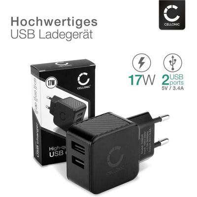 Cellonic USB Ladeadapter für Motorola edge 60 pro, neo, fusion, 70, Samsung Galaxy (17 W, 2 Ports), USB Ladegerät, Schwarz Cellonic USB Ladeadapter für Motorola edge 60 pro, neo, fusion, 70, Samsung Galaxy (17 W, 2 Ports), USB Ladegerät, Schwarz