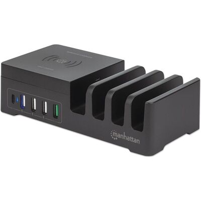 Manhattan Power Delivery Charging Station with Qi Wireless Charging Pad (36 W, 5 Ports), USB Ladegerät, Schwarz Manhattan Power Delivery Charging Station with Qi Wireless Charging Pad (36 W, 5 Ports), USB Ladegerät, Schwarz
