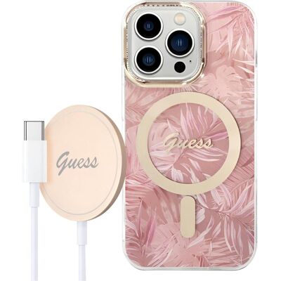 Guess Pink MagSafe Hülle & Ladegerät für iPhone 14 Pro - Jungle Collection Guess Pink MagSafe Hülle & Ladegerät für iPhone 14 Pro - Jungle Collection