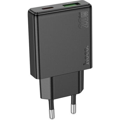 Hoco Adapter slim wall charger USB A + Type C PD QC3.0 3A 20W N38 black (20 W, 2 Ports), USB Ladegerät, Schwarz Hoco Adapter slim wall charger USB A + Type C PD QC3.0 3A 20W N38 black (20 W, 2 Ports), USB Ladegerät, Schwarz