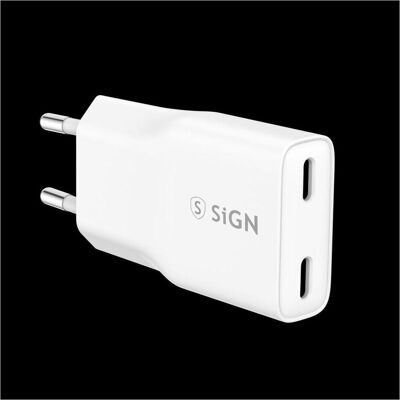 SiGN GaN Fast Charger 2x USB-C, PD & QC3.0, 3A, 20W – White (20 W, 2 Ports), USB Ladegerät, Weiss SiGN GaN Fast Charger 2x USB-C, PD & QC3.0, 3A, 20W – White (20 W, 2 Ports), USB Ladegerät, Weiss