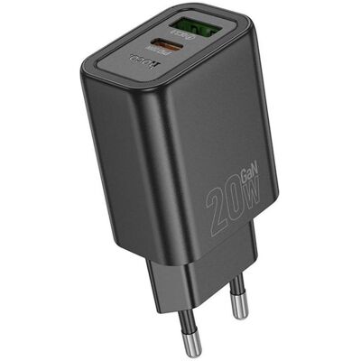Hoco Adapter wall charger USB A + Type C PD QC3.0 3A 20W N61 black (20 W, 2 Ports), USB Ladegerät, Schwarz Hoco Adapter wall charger USB A + Type C PD QC3.0 3A 20W N61 black (20 W, 2 Ports), USB Ladegerät, Schwarz