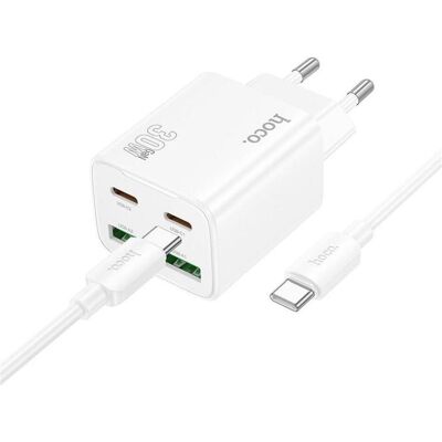 Hoco Adapter charger 2 x Type C + 2 x USB A + cable Type C to Type C PD QC3.0 3A 30W N56 white (30 W, 4 Ports), USB Ladegerät, Weiss Hoco Adapter charger 2 x Type C + 2 x USB A + cable Type C to Type C PD QC3.0 3A 30W N56 white (30 W, 4 Ports), USB Ladegerät, Weiss