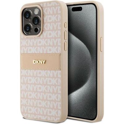 DKNY Rosa Lederhülle für iPhone 15 Pro Max - Streifenmuster & Metall-Logo DKNY Rosa Lederhülle für iPhone 15 Pro Max - Streifenmuster & Metall-Logo
