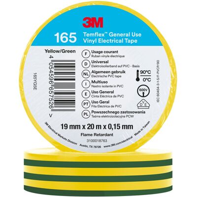 3M - Temflex 165 - 19mm x 20m - Gelb/Grün - Electrical Tape 3M - Temflex 165 - 19mm x 20m - Gelb/Grün - Electrical Tape