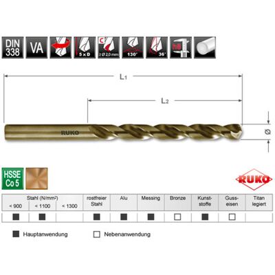 RUKO Spiralbohrer DIN 338 Typ VA HSSE Co 5 in SB-Tasche Ø 10,5 x 133 x 87 mm (2155105) RUKO Spiralbohrer DIN 338 Typ VA HSSE Co 5 in SB-Tasche Ø 10,5 x 133 x 87 mm (2155105)