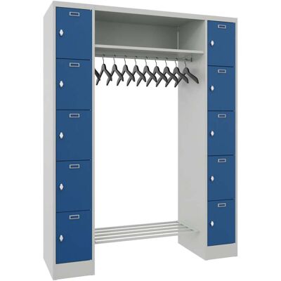 STIER Garderobe, 2 Säulen mit 5 Fächern, 300 mm AB, Hutablage 900 mm, Drehr., RAL 7035/5010 (906496) STIER Garderobe, 2 Säulen mit 5 Fächern, 300 mm AB, Hutablage 900 mm, Drehr., RAL 7035/5010 (906496)