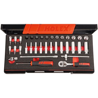 Holex Steckschlüssel-Sortiment mit langen Einsätzen 1/4 35-teilig aus Chrom-Vanadium-Stahl mattverchromt mit Steckschlüsseleinsätzen/Ratsche/Verlängerungen/Kardangelenk/Bits in Kunststoffkoffer für Schrauben/Muttern, 630308 6) Holex Steckschlüssel-Sortiment mit langen Einsätzen 1/4 35-teilig aus Chrom-Vanadium-Stahl mattverchromt mit Steckschlüsseleinsätzen/Ratsche/Verlängerungen/Kardangelenk/Bits in Kunststoffkoffer für Schrauben/Muttern, 630308 6)