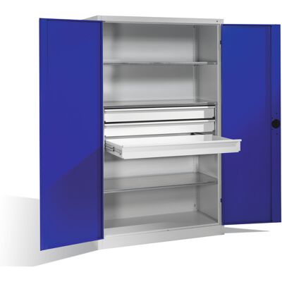 C+P Schwerlastschrank mit Drehtüren, 3 Böden und 3 Schübe, H1950xB1200xT500mm Front Enzianblau Korpus Lichtgrau ; C + P Möbelsysteme (8931-5230 S10131) C+P Schwerlastschrank mit Drehtüren, 3 Böden und 3 Schübe, H1950xB1200xT500mm Front Enzianblau Korpus Lichtgrau ; C + P Möbelsysteme (8931-5230 S10131)