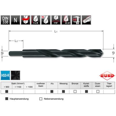 RUKO 200160B Spiralbohrer - 16mm, 178mm, Schnellarbeitsstahl, DIN 338 RUKO 200160B Spiralbohrer - 16mm, 178mm, Schnellarbeitsstahl, DIN 338