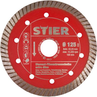 STIER Diamant-Fliesentrennscheibe extra dünn Ø 125 mm Bohrung 22,23 mm speziell für Feinsteinzeugfliesen (902947) STIER Diamant-Fliesentrennscheibe extra dünn Ø 125 mm Bohrung 22,23 mm speziell für Feinsteinzeugfliesen (902947)