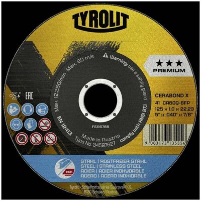 TYROLIT Trennscheibe CERABOND X 115 x 1,6 mm, gerade Stahl+INOX (34597624) TYROLIT Trennscheibe CERABOND X 115 x 1,6 mm, gerade Stahl+INOX (34597624)
