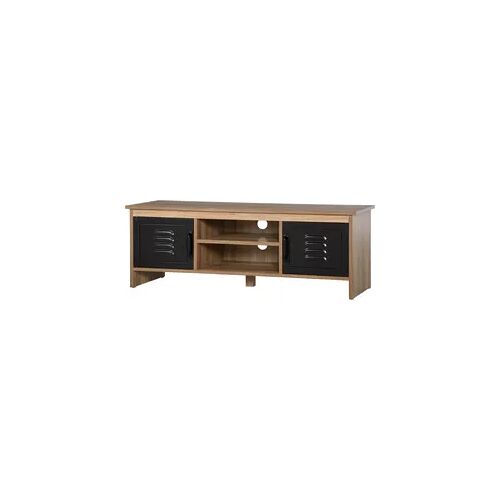 HOMCOM TV-Möbel TV-Bank 110 cm Industriedesign mit 2 Schränken, 2 Fächern, 2 Kabeldurchführungen, Holzmaserung Optik Schwarze Metalltüren   Aosom