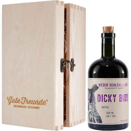 Strandwetter Destillerie Dicky Bird Schlehen-Likör mit Geschenk-Holzkiste