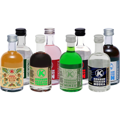 Konsum Gin Konsum Premium Minis Probierpaket (4x Gin + 2x Likör + 1x Vodka + 1x Rum) Konsum Gin Konsum Premium Minis Probierpaket (4x Gin + 2x Likör + 1x Vodka + 1x Rum)
