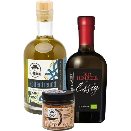 Die Ölfreunde Bio Salat Trio (1x Leindotteröl mit Gewürzen + 1x Himbeeressig + 1x Rauchsalz)