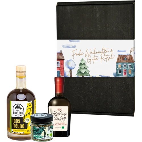 Die Ölfreunde Weihnachtsbox Bio Dorfweihnacht (1x Bio Rapsöl + 1x Bio Balsamessig + 1x Gewürzmischung)