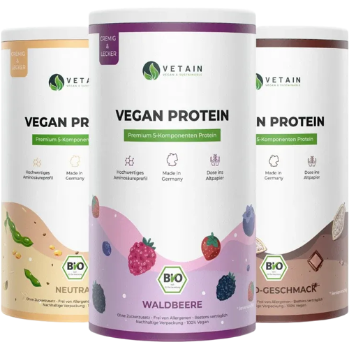 3er Bundle Vetain veganes Proteinpulver (1x Waldbeere + 1x Kakao + 1x Neutral)