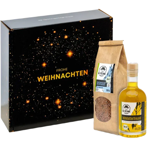 Die Ölfreunde Weihnachtsbox Sternenwirbel (1x Bio Leindotteröl + 1x Bio Leinsaat)