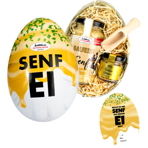 Altenburger Senfei - das größte auf der Welt! (1x Senf + 1x Rühreigewürz + 1x Löffel + 1x Postkarte)