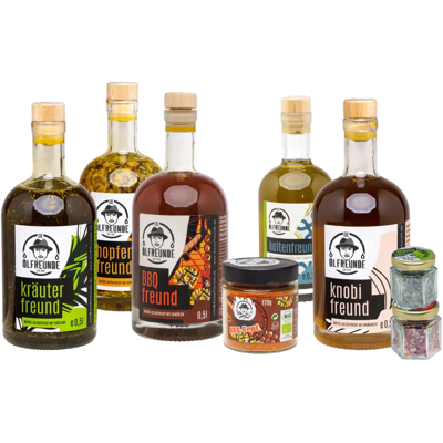 Die Ölfreunde BBQ Box für Grillmeister (4x Rapsöl + 1x Leindotteröl + 2x Salzmischung + 1x Gewürzmischung) Die Ölfreunde BBQ Box für Grillmeister (4x Rapsöl + 1x Leindotteröl + 2x Salzmischung + 1x Gewürzmischung)