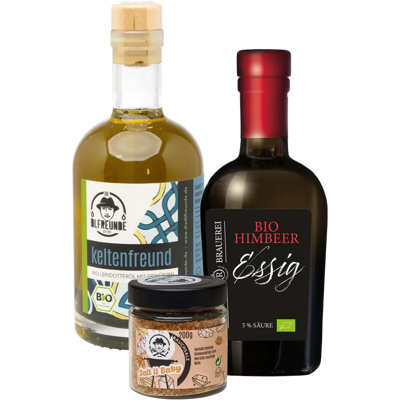 Die Ölfreunde Bio Salat Trio (1x Leindotteröl mit Gewürzen + 1x Himbeeressig + 1x Rauchsalz) Die Ölfreunde Bio Salat Trio (1x Leindotteröl mit Gewürzen + 1x Himbeeressig + 1x Rauchsalz)