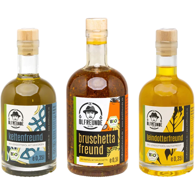Die Ölfreunde Bio Trio (2x Leindotteröl + 1x Bruschettaöl) Die Ölfreunde Bio Trio (2x Leindotteröl + 1x Bruschettaöl)