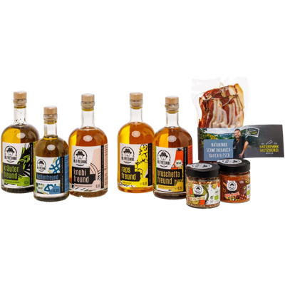 Die Ölfreunde Feinschmecker Set (4x Rapsöl + 1x Leindotteröl + 2x Gewürzmischung + 1x Räucherfleisch) Die Ölfreunde Feinschmecker Set (4x Rapsöl + 1x Leindotteröl + 2x Gewürzmischung + 1x Räucherfleisch)