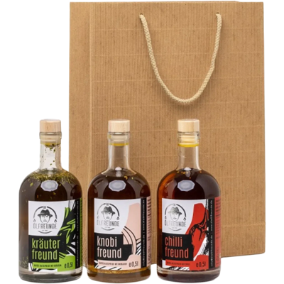 Die Ölfreunde Geschenketüte Triple (1x Knoblauchöl + 1x Kräuteröl + 1x Chiliöl) Die Ölfreunde Geschenketüte Triple (1x Knoblauchöl + 1x Kräuteröl + 1x Chiliöl)