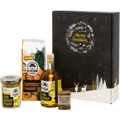 Die Ölfreunde Weihnachtsbox Sweet Christmas (1x Bio Leindotteröl + 1x Rapsprotein Pulver + 1x Hefezopf Backmischung + 1x Tannenhonig + 1x Lebkuchengewürz) Die Ölfreunde Weihnachtsbox Sweet Christmas (1x Bio Leindotteröl + 1x Rapsprotein Pulver + 1x Hefezopf Backmischung + 1x Tannenhonig + 1x Lebkuchengewürz)