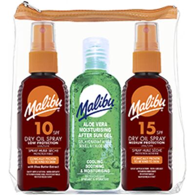 Malibu Marke SPF 10 & 15 Trockenöl & After Sun Gel - Sonnenschutz-Set Malibu Marke SPF 10 & 15 Trockenöl & After Sun Gel - Sonnenschutz-Set