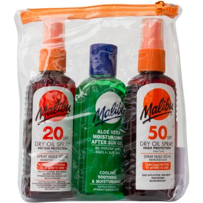 Malibu 3er Pack Sonnenschutzöl, SPF20, SPF50 & Aloe After Sun - Sonnenschutz Malibu 3er Pack Sonnenschutzöl, SPF20, SPF50 & Aloe After Sun - Sonnenschutz