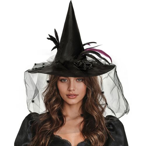 Hexenhut mit Tüllschleier und Federn