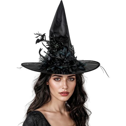 Extravaganter Hexenhut mit Fledermäusen & Rosen